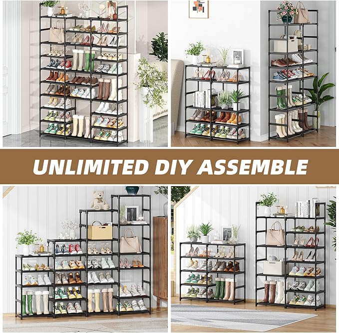 Shoe Rack Large Capacity 72 Pairs Tall Shoe Shelf, 3 Row 12 Tiers Sturdy Metal Shoe Organizer for Entryway, Closet, Bedroom, Black-NeatNest