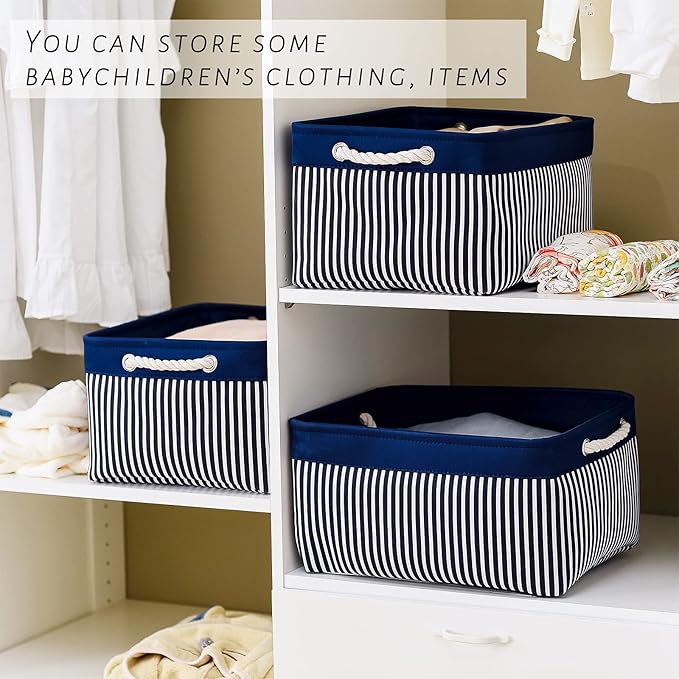 TcaFmac Storage Basket for Organizing - Large 4 Pack Foldable Storage Bins Baskets for Shelves with Ropes, Fabric Storage Cubes for Cloth Toy Gift Kids (Navy & White 16x12x8 inch)-NeatNest