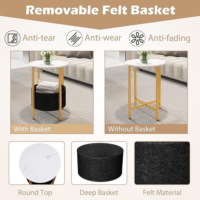 GOFALME Round End Table with Storage Set of 2, Sofa Side Table with Removable Fabric Basket, Metal Frame, Faux Marble Top, Modern, 2-Tier Bedside Table for Living Room, Bedroom, White