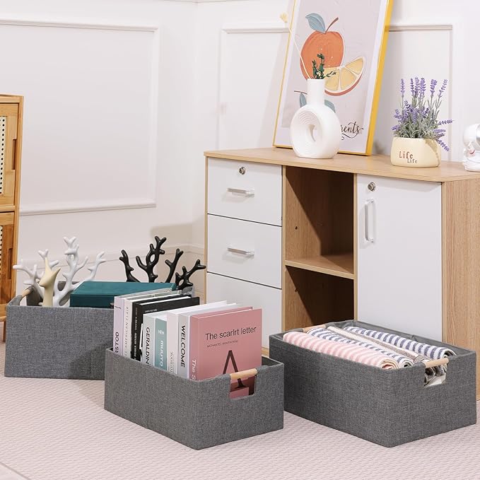 ANMINY 2PCS Storage Baskets for Organizing Collapsible Fabric Storage Bins Boxes with Wood Handles Closet Shelves Cube Organizer Bins Clothes Laundry Storage Container - Medium, Gray-NeatNest