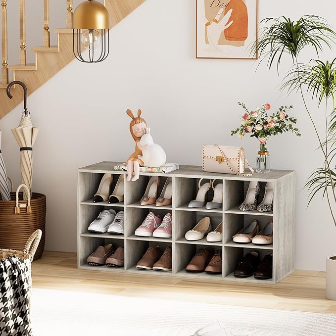 Garden 4 you Shoe Storage Bench, Cubby Shoe Rack with 12 Cubbies, 3-Tier Wood Shoe Rack Organizer, Shoe Organizer Cabinet for Entryway, Hallway, Closet and Garage, Grey-NeatNest