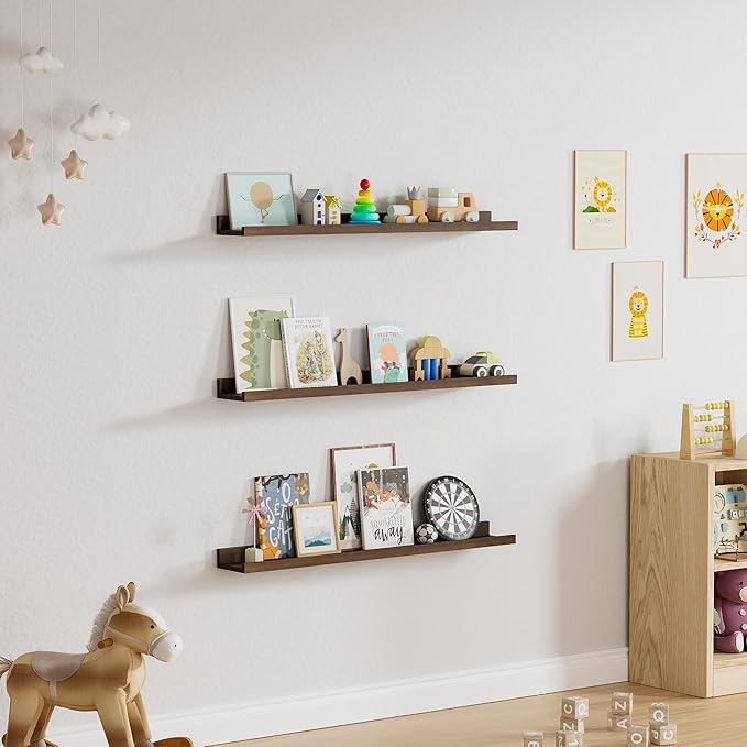 Floating Shelves for Wall, 36 inch Solid Wood Picture Ledge Shelf, Picture Shelf for Wall with Ledge, Floating Book Shelves for Living Room Bedroom Kitchen Nursery Decor, Walnut, Set of 2-NeatNest