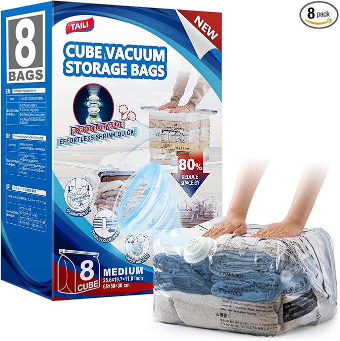 TAILI Travel Vacuum Storage Bags, Medium Cube (25x19x11 inch), 8 Pack Vacuum Seal Bags for Clothing, Compression Packing for Clothes, Blankets, Baby Clothes, No Pump Needed, Travel Accessories-NeatNest