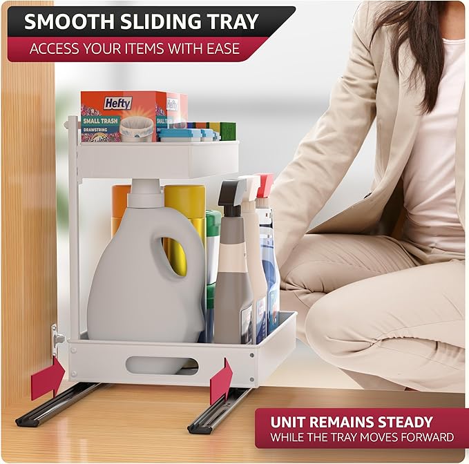 Sorbus Under Sink Organizer with Sliding Tracks – Pull Out Cabinet Organizer with Drawer & Installation Rails – Under Cabinet Bathroom Storage Organizer for Kitchen, Pantry, or Vanity –White 2 Pack-NeatNest