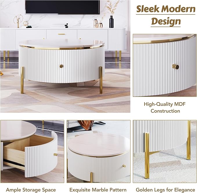 31.5" Modern Round Coffee Table with 2 Large Drawers Storage Accent Table Multiple End Tables Center Table Sofa Table Utility Table for Living Room Office Bedroom Balcony, White & Gold