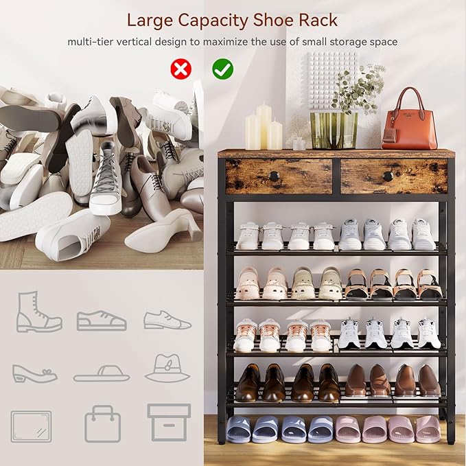 IBUYKE 5 Tier Shoe Rack, Metal Shoe Storage Organizer for 12-16 Pairs of Shoes, Modern Shoe Stand with 2 Drawers,Metal Shelf for Entryway Closet Bedroom, Rustic Brown TXJ041H-NeatNest