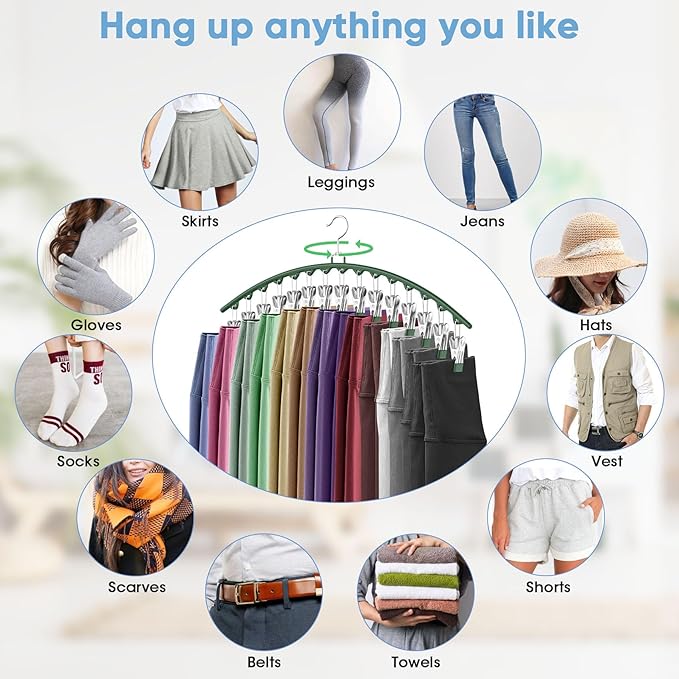 3 Pack Legging Organizer for Closet Hanging, Pants Hangers with 15 Clips Holds 45 Leggings, Shorts, Skirts, Jeans, Hats, Pants Hangers Space Saving Clothes Racks Closet Organizers and Storage, Green-NeatNest