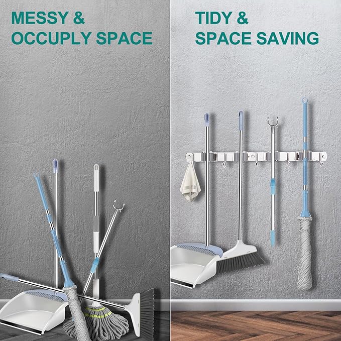 OCGIG 2 Pack Mop and Broom Holder, Wall Mounted Metal Hanger Organization Storage Heavy Duty Tool Organizer for Garage Home Kitchen Laundry Garden (4 Racks and 5 Hooks)-NeatNest