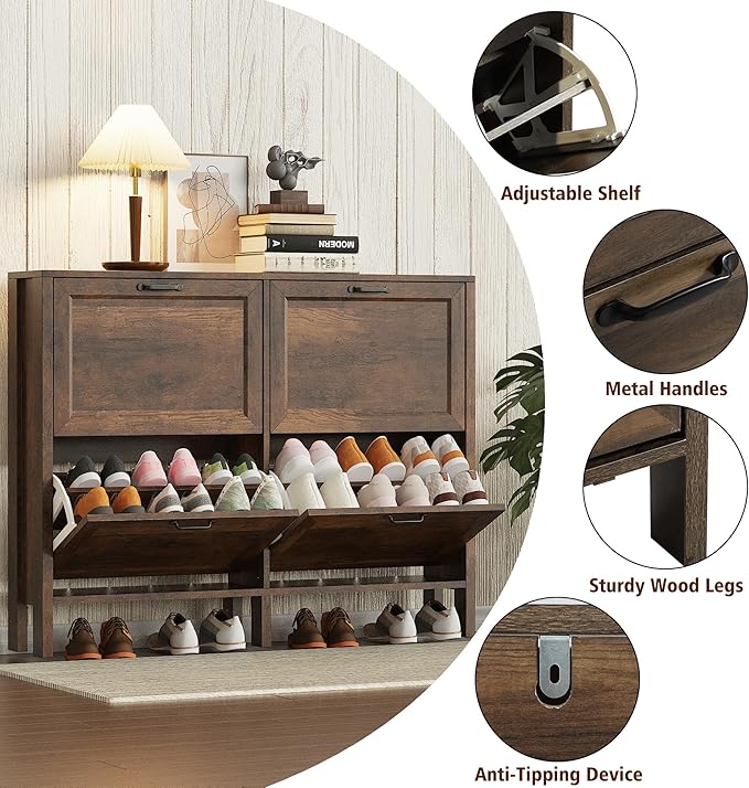 Shoe Storage Cabinet with 4 Flip Drawers, Wooden Shoe Rack with Metal Handle, Freestanding Hidden Shoe Storage Organizer with Open Shelf, Narrow Shoe Rack for Entryway, Hallway (Brown)