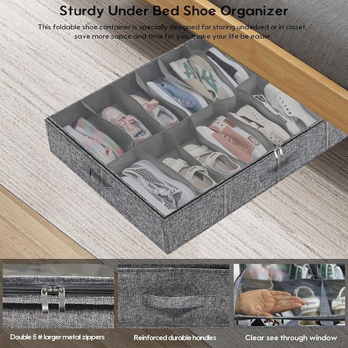 Heavy Duty Shoe Storage Boxes Fit 16x2 Pairs, Foldable Shoe Organizer for Closet Underbed, Space Saving Sneaker Container Bin Holder, 37.8"x23.6"x5.9", Cotton-like Grey, ZMXGUBS16P2-NeatNest