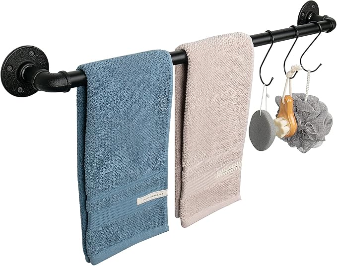 Industrial Pipe Towel Rack Towel Bar, Heavy Duty Wall Mounted Rustic Farmhouse Bath Towel Holder for Bathroom (Black, 32 inch)