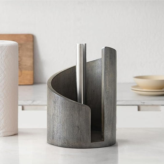 Anji Mountain Paper Towel Holder Countertop with Mango Wood Round Base and Iron Holder,Holder Stand for Kitchen Roll Organize,Wooden Paper Towel Holder for Kitchen Dining Table Home Decor