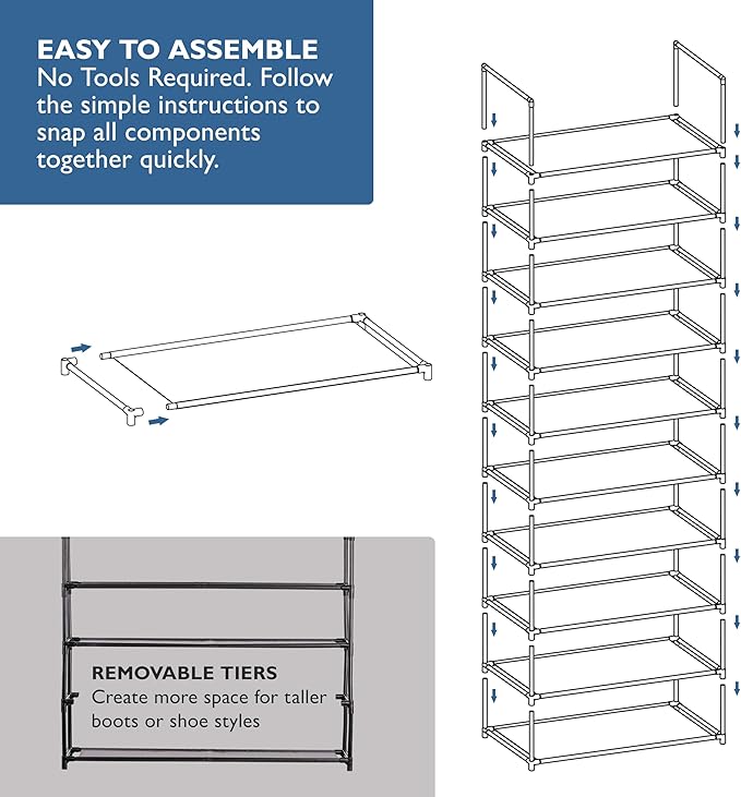 Sundaze Shoe Rack - 10 Tier Shoe Rack for Front Door Entrance, Sturdy Tall Shoe Organizer for Closet, Bedroom, Entryway, Garage, Non Woven Fabric Shelf, Black, Holds Up to 50 Pairs-NeatNest