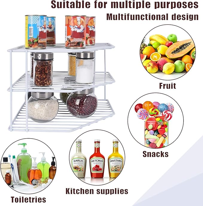 3-Tier Corner Shelf Counter and Cabinet Organizer - Steel Metal Wire - Rust Resistant - Plates, Dishes, Cabinet & Pantry Organizer - Kitchen Organization (10 x 7.5 Inch)(White)