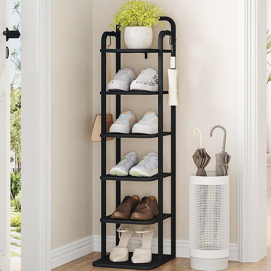 Vertical Shoe Rack, Shoe Shelves, Wood Shoe Organizer for Closet, Entryway, Shoe Tower for Small Spaces, Free Standing, Adjustable, with 2 Hooks, 6 Tier Black SR04204B-NeatNest