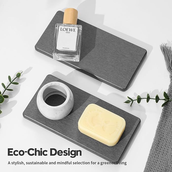 2PCS 7" x 3.5" Water Absorbing Bathroom Sink Vanity Trays, Diatomite Stone Quick Drying Mat for Kitchen Counter, Dish Rack Dispensers Sponge Holder Caddy Organizer, Dark Gray, 7"x3.5"-NeatNest