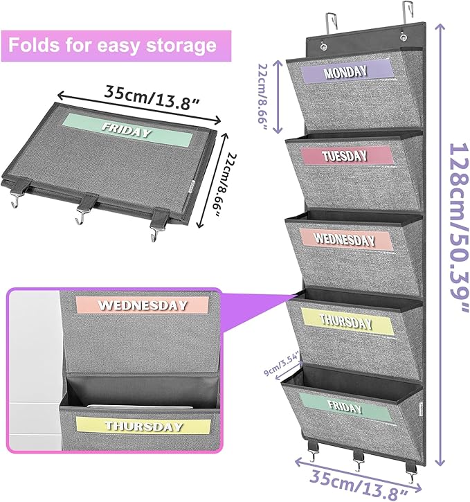 homyfort Over the Door hanging File Organizer, Weekly Hanging File Folders, Wall Organizers and Storage for Mail, Magazine, Notebooks, Office, Classroom, 5 Large Pockets, 50.39” Tall, Grey-NeatNest