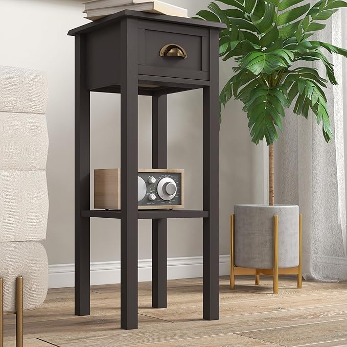 HOMCOM 2-Tier Side Table with Drawer, Narrow End Table with Bottom Shelf, for Living Room, Set of 1, Coffee