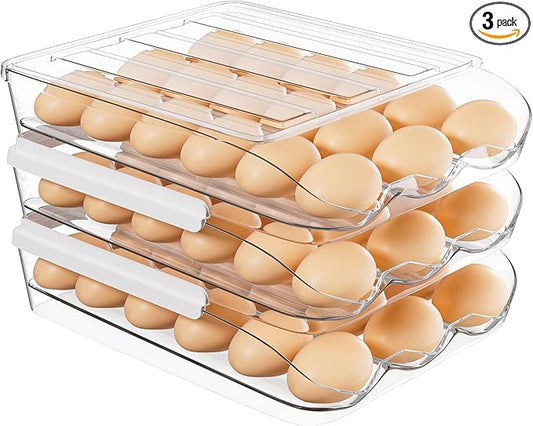 Egg Holder for Fridge 54 Capacity Automatic Rolling Egg Organizer for Refrigerator, Clear Stackable Container for Kitchen or Pantry Storage 3 Pack
