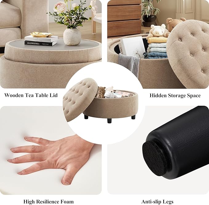 COLAMY Fabric Round Storage Ottoman with Reversible Tray Lid – Multi-Functional Footrest, Hidden Storage, Sturdy & Stylish Small Coffee Table for Living Room, Bedroom, or Entryway(Camel)-NeatNest