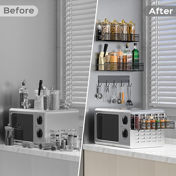 5 Pack Heavy-Duty Magnetic Shelves for Laundry Room & Kitchen, Spice Rack for Refrigerator, Magnetic Shelf for Washer and Dryer with Towel Holder, Laundry Room Organization & Storage (Black)