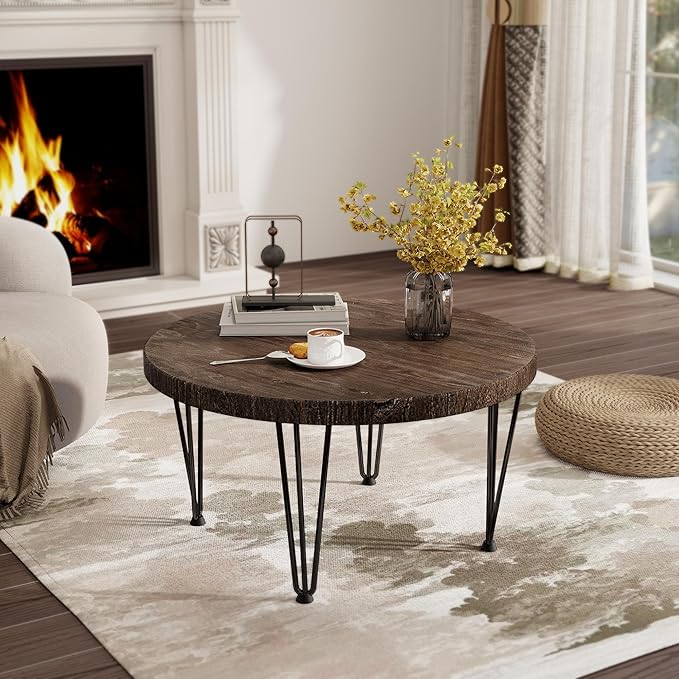Fun Memories Round Coffee Table - Elm Wood Nesting Table with Metal Legs & Non Slip Feet Base - Rustic Nesting End Tables for Living Room Bedroom - 27.5" D x 27.5" W x 16" H - Walnut Color