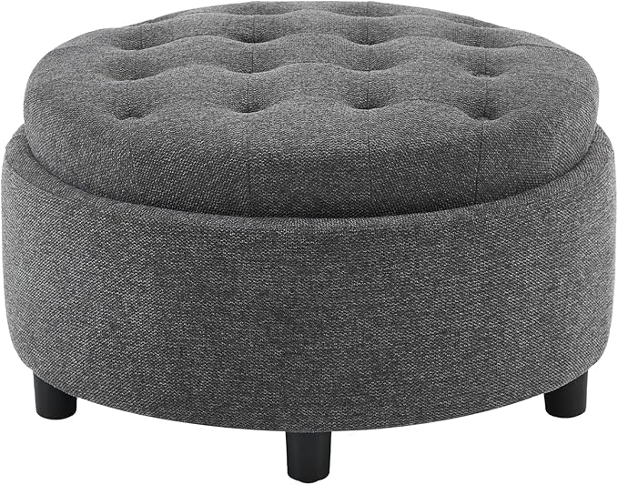 COLAMY Fabric Round Storage Ottoman with Reversible Tray Lid – Multi-Functional Footrest, Hidden Storage, Sturdy & Stylish Small Coffee Table for Living Room, Bedroom, or Entryway(Dark Grey)-NeatNest