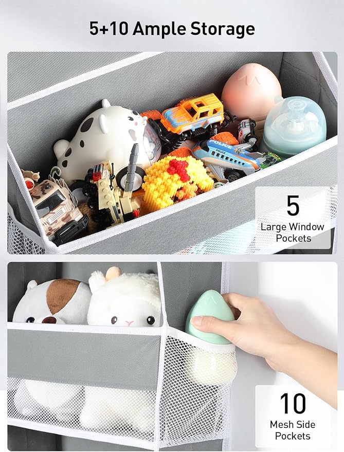 Yecaye 2 Pc Over The Door Organizer with 5 Bins 10 Side Pockets, 44lbs Load Hanging Bathroom and Bedroom Organizer, Behind The Door Hanging Organizers for Nursery Newborn Baby Essential Stuff Grey-NeatNest