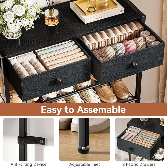 Shoe Rack for Entryway, 5 Tier Shoe Organizer with 2 Non-Woven Drawers, Metal Storage Shoe Shelf for 16-20 Pairs of Shoes, with Wooden Top and Steel Frame, Shoe Stand for Closet Black Grey-NeatNest