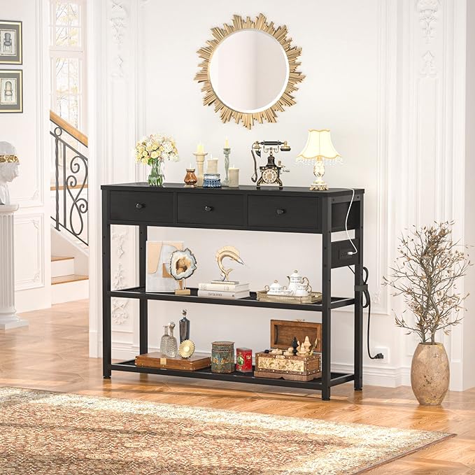 Ecopriso 47'' Entryway Table with Outlets and USB Ports, Console Table with 3 Drawers, Sofa Table Narrow Long with Storage Shelves for Living Room, Couch, Hallway, Foyer, Kitchen Counter, Black-NeatNest
