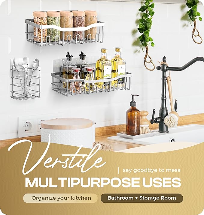 Luxury Style 5 Pack Stainless Steel Adhesive Shower Caddy Set - Rustproof Bathroom Organizer with Large Capacity Storage| No Drilling Shelves Shower Caddy Organizer | Bathroom Decor (Shiny Silver)