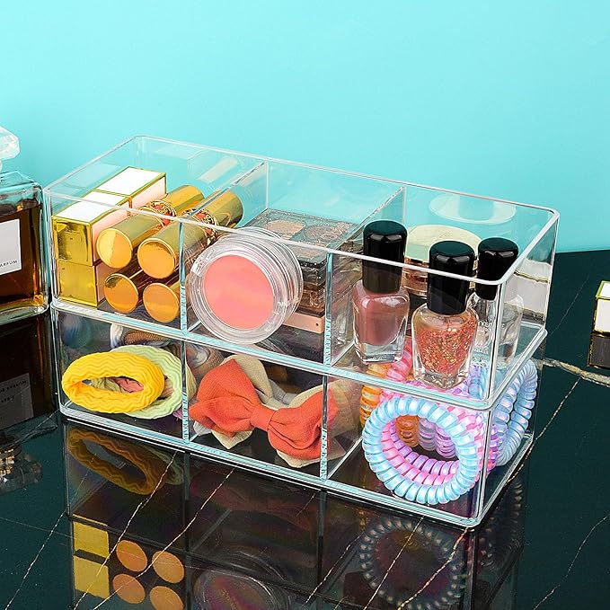 JessLab Acrylic Organizer, 2PK Cube Sections Makeup Organizer for Drawer, Makeup Organizer for Vanity, Countertop, Bathroom, Kitchen and Cabinet Storage(3+3 Compartment)-NeatNest