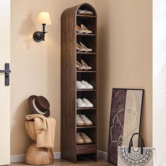 67" Tall Arched Shoe Storage Cabinet, 8 Tiers 8 Pairs Wooden Shoe Rack with 3 Adjustable Shelves, Freestanding Shoe Closet Shelf Organizer for Entryway, Hallway, Living Room (Brown)-NeatNest