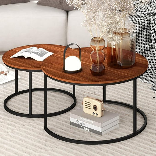 31.5" Nesting Coffee Table Set of 2, Round Nesting Coffee Table with Wood Grain Top, End Tables with Metal Frame for Living Room, Bedroom, Brown