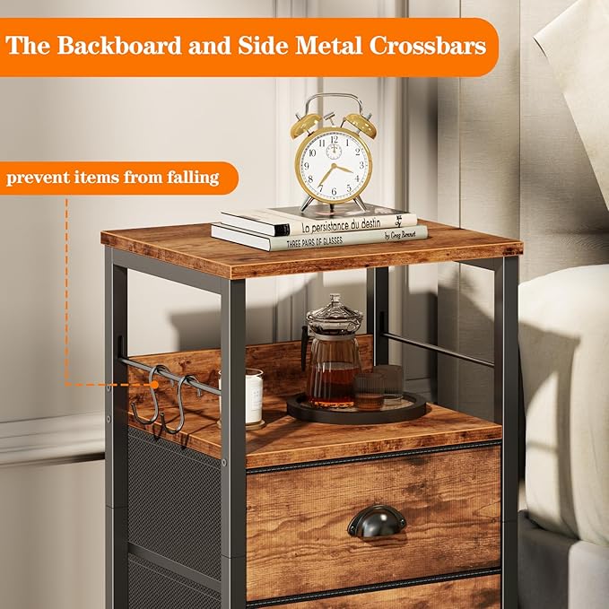 Furologee Nightstand with 2 Fabric Drawers, Night Stand with 2-Tier Shelf, Bedside Table with Hooks,Open Wooden Shelf, End Table for Bedroom, Living Room, Backboard Design, Metal Frame, Rustic Brown