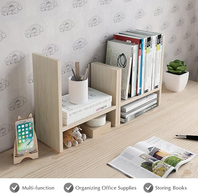 Jerry & Maggie Desktop Organizer Office Storage Rack Adjustable Wood Display Shelf Free Style Double H, Multi-Functional Mini Bookshelf for Desk Natural Stand (White Wood Tone)-NeatNest