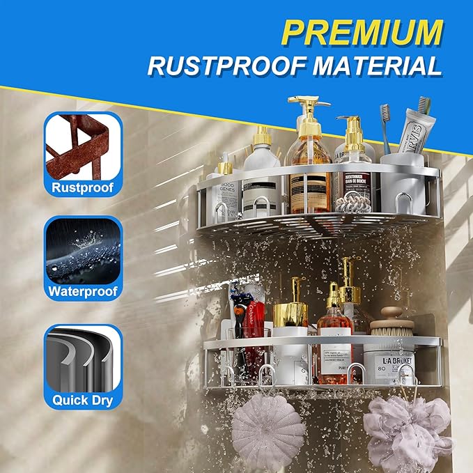 Corner Shower Caddy, 2 Pack Adhesive Bathroom Shower Corner Organizer Shelf, No Drilling Rustproof Wall Mounted Shower Storage Rack Shampoo Holder Organizer (Silver)