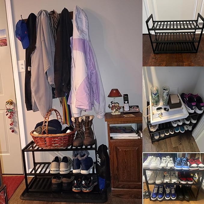 Bamboo Shoe Rack for Entryway, Stackable 3 Tier Shoe Organizer Shelf Storage 9-12 Pairs Shoes Stand Cubby for Closet Door Hallway Bedroom Garage Black, Thanksgiving-NeatNest
