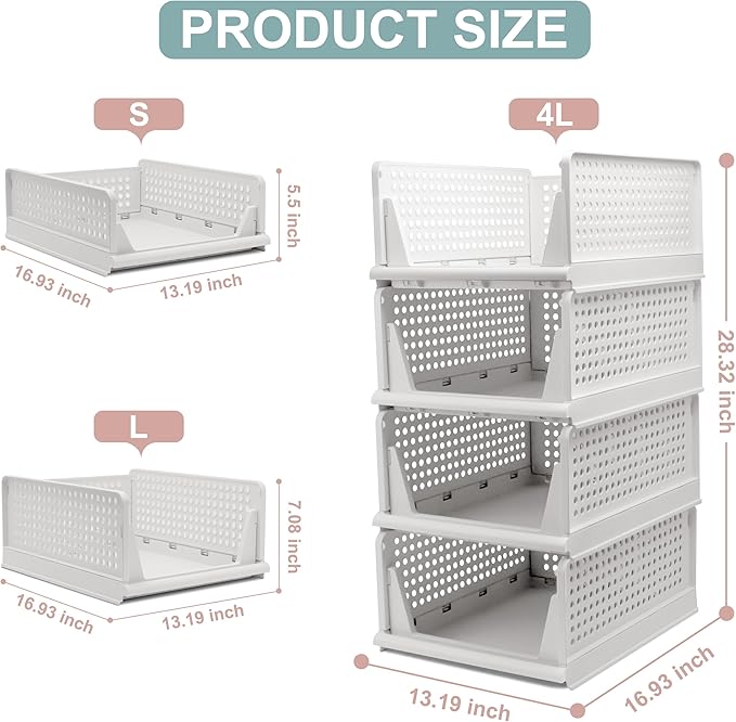 Stackable Foldable Storage Baskets, Folding Storage Bins, Closet Organizers and Plastic Drawer Shelf Storage Container for Wardrobe, Cupboard, Kitchen, Bathroom, Office (White, 4L)