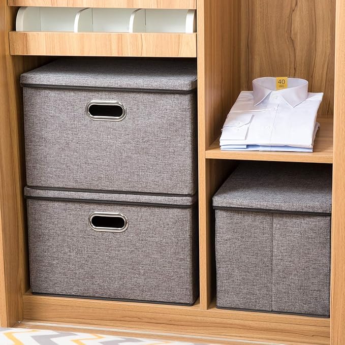 PRANDOM Large Collapsible Storage Containers with Lids [5-Pack] Linen Fabric Foldable Storage Bins Boxes Organizer Baskets Cube with Cover for Home Bedroom Closet Office Nursery (17.7x11.8x11.8)-NeatNest