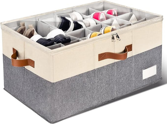 1 Pack Shoe Organizer for Closet, Adjustable Shoe Box Storage Containers, Large Foldable Shoe Bins with Clear Cover, Space Saving Shoes Holder with 4 Handles, Fits 12-24 Pairs, Beige-NeatNest