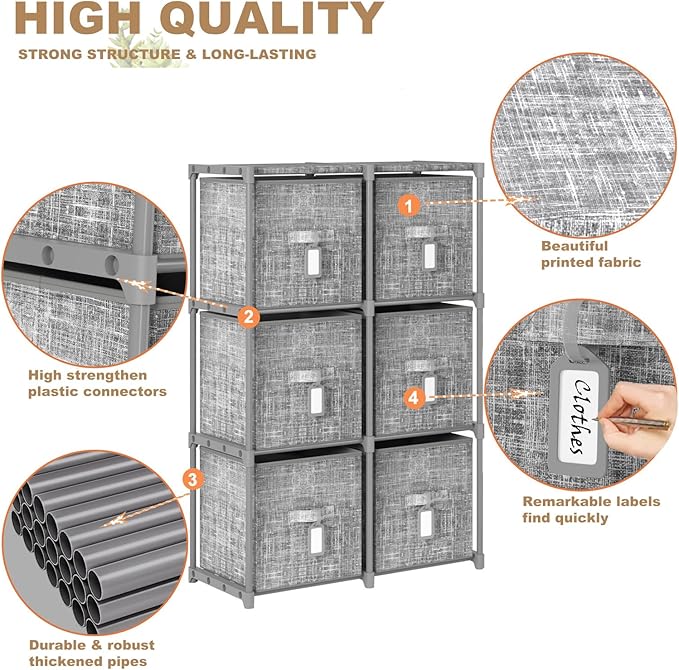 Cube Storage Organizer Shelf with 6 Printed Bins + Labels, Cubby Storage Organizer with Bins, Large Capacity Shelves for Storage,Closet, Living Room, Dorm, Yarn-NeatNest