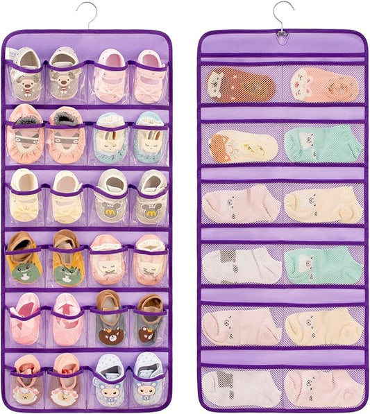 Dual-sided Hanging Baby Shoes Organizer Closet Toddler Shoe Storage Holder for Kids Bow Socks Underwear (PURPLE)-NeatNest