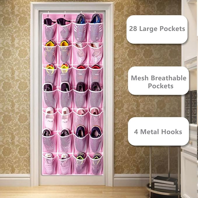 KEEPJOY 28 Pockets Hanging Shoe Organizer, Over the Door Shoe Organizer, Hanging Door Shoe Holder Rack with Mesh Pockets Large Size 65 x 23 Inch (Pink-1Pack)-NeatNest