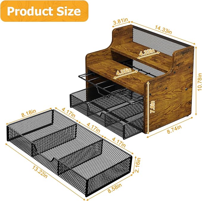 Coffee Pod Holder with Drawer & Dividers, 4-Tier Wood K Cup Organizer for Countertop, Coffee Bar Organizer Storage Box, Coffee Station Organizer for Kitchen Coffee Station-NeatNest