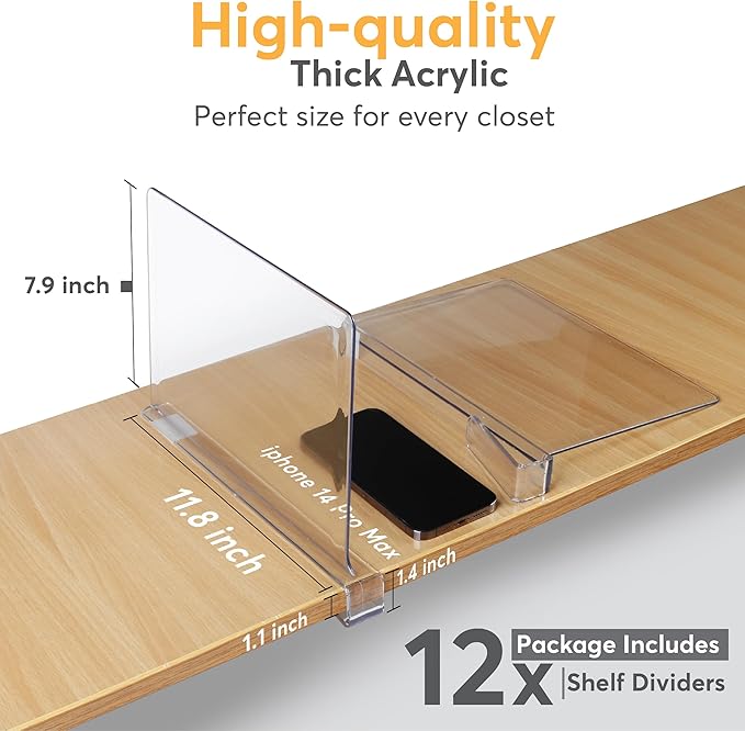 12 Pack Acrylic Shelf Dividers for Closet Organization 11x7.9 Inch – Clear Closet Shelf Separators for Purses, Clothes & Sweater Storage – Vertical Bookshelf Dividers for Bedroom, Office & Kitchen-NeatNest