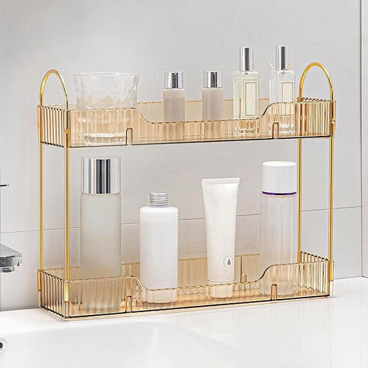 YCIA&DONE 2 Tiers Narrow Vanity Makeup Organizer, Bathroom Organizers Countertop Slim, Perfume Holder Skincare Storage Cosmetic Shelf Spice Rack, for Small Desktop Counter Space, Amber Gold-NeatNest