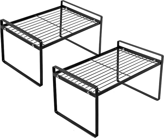 2 Pack Kitchen Cabinet Shelf Counter Organizer Rack Pantry Storage Bathroom Bedroom Office Table Desk Space Saving Steel Frame Stackable Rust Resistant Non Slip Black-NeatNest