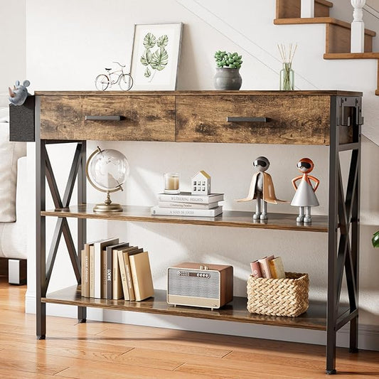 Gizoon 39" Entryway Table with 2 Drawers and 3 Tier Storage Shelves, Industrial Narrow Long Sofa Table, Farmhouse Style Console Table for Living Room, Hallway, Couch, Small Spaces - Rustic Brown-NeatNest