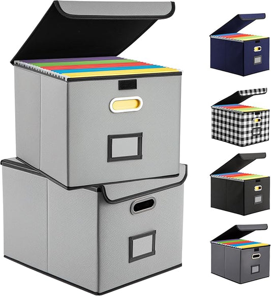 File Organizer Box, Linen Filing Organizer with Lid, Large Desktop File Boxes, Light Grey,2 Pack